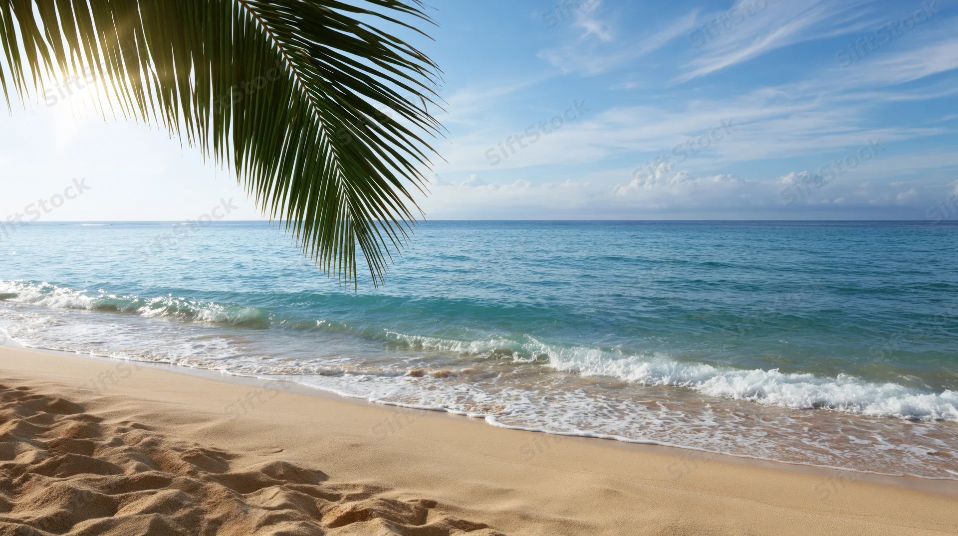 Tropical beach with palm frond overhanging sandy shore and gentle waves rolling in under clear blue sky