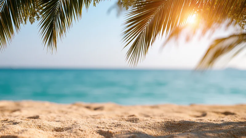 Tropical beach with palm fronds framing the ocean at sunset, sandy foreground and clear sky