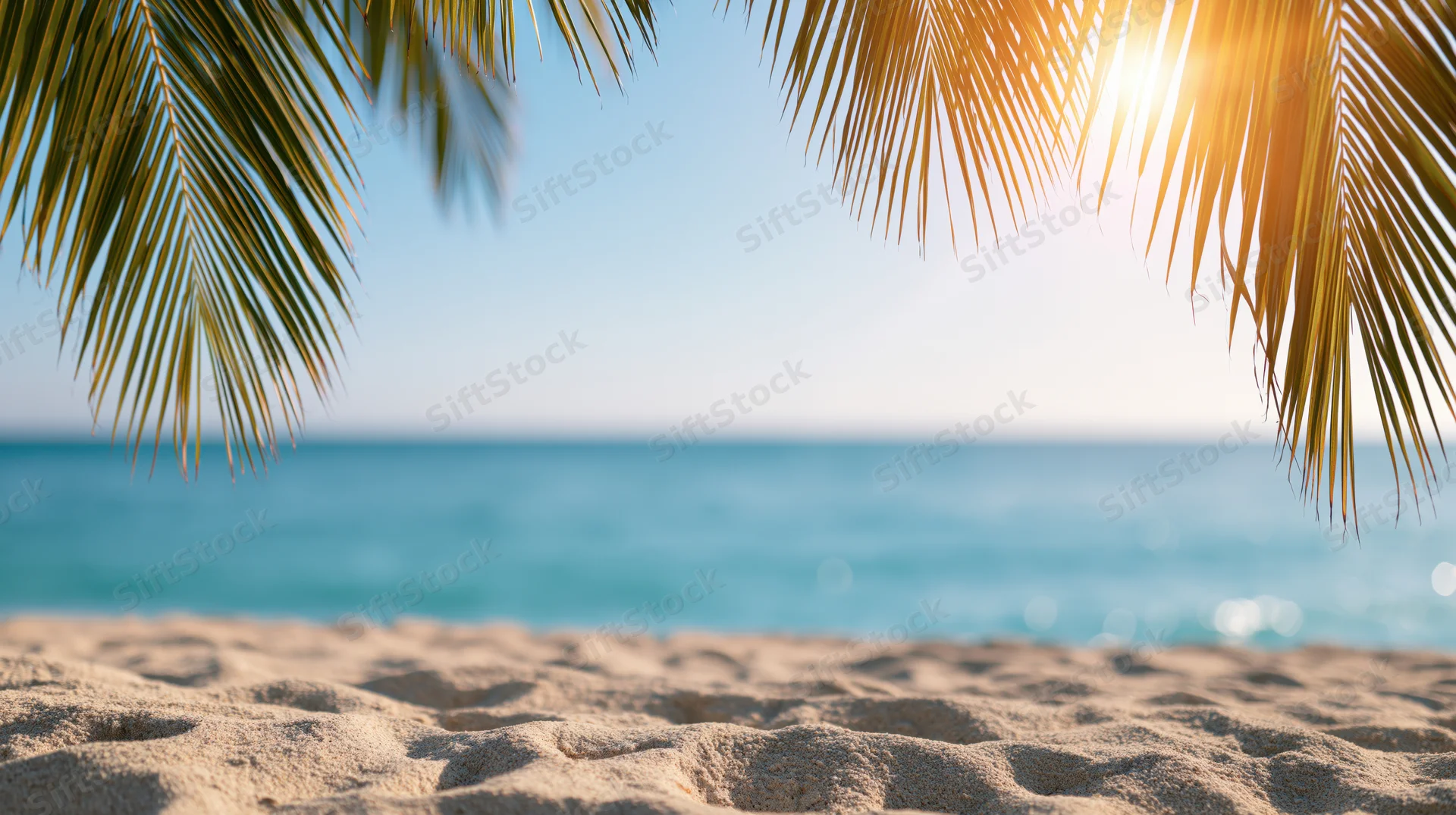 Palm fronds framing a sandy beach with ocean and sun in the background