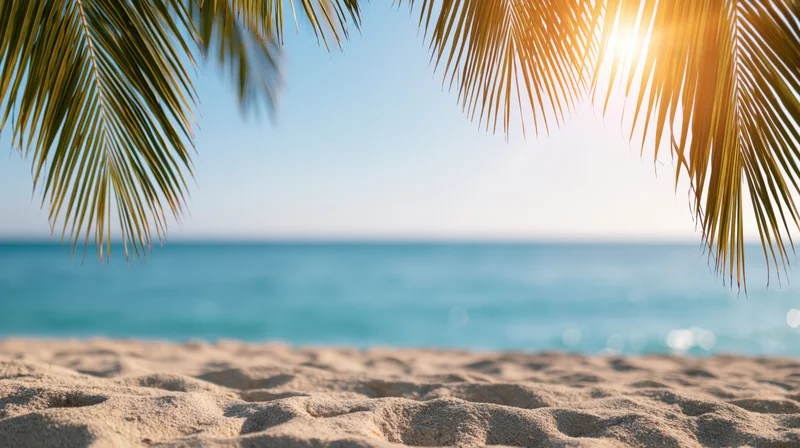 Palm fronds framing a sandy beach with ocean and sun in the background