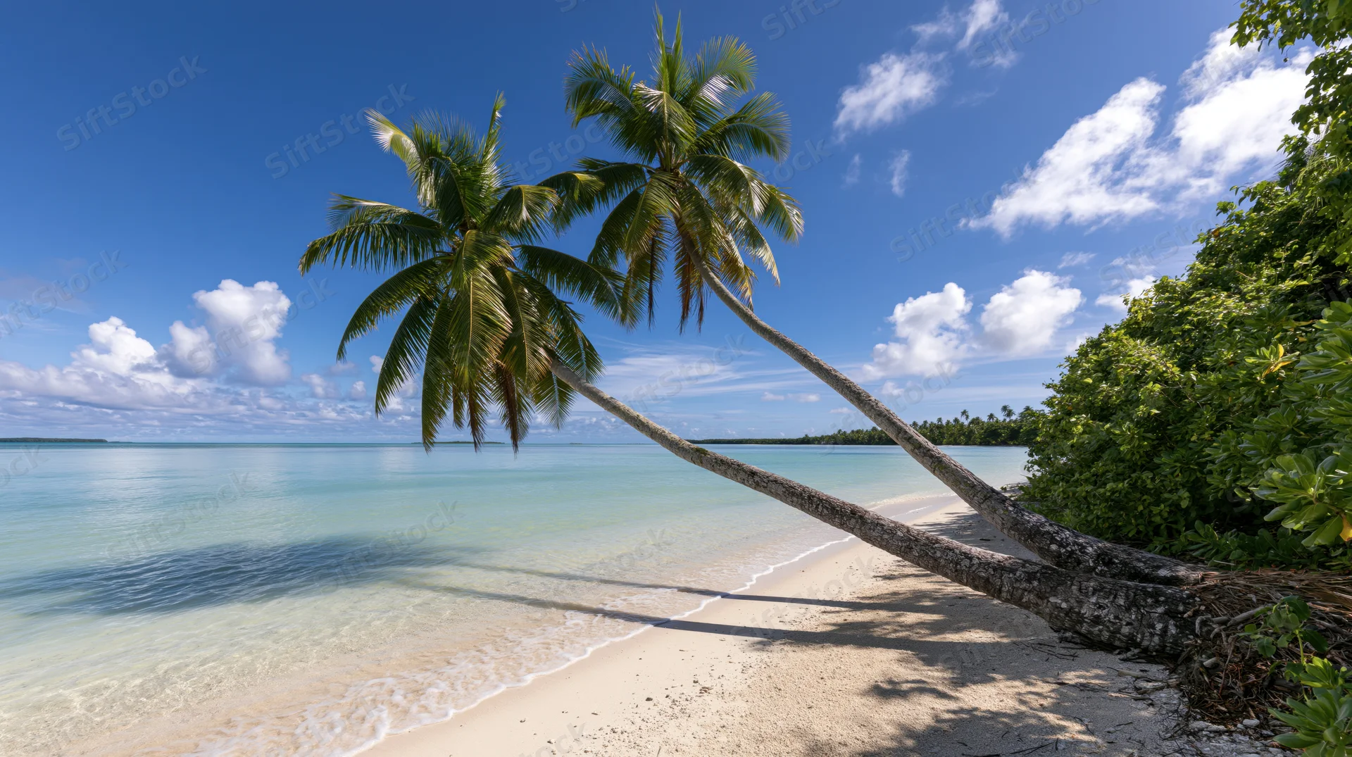 Two palm trees leaning over white sand beach beside turquoise ocean under blue sky with clouds