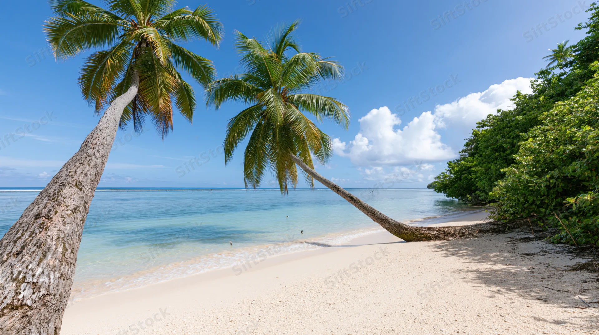 Two palm trees leaning over white sand beach beside turquoise ocean under blue sky