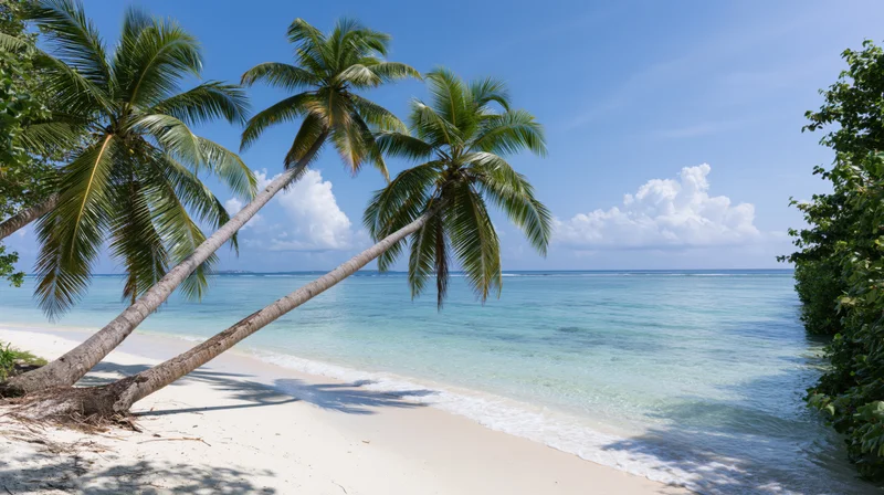 Tropical beach with two leaning palm trees beside white sand and turquoise water under blue sky