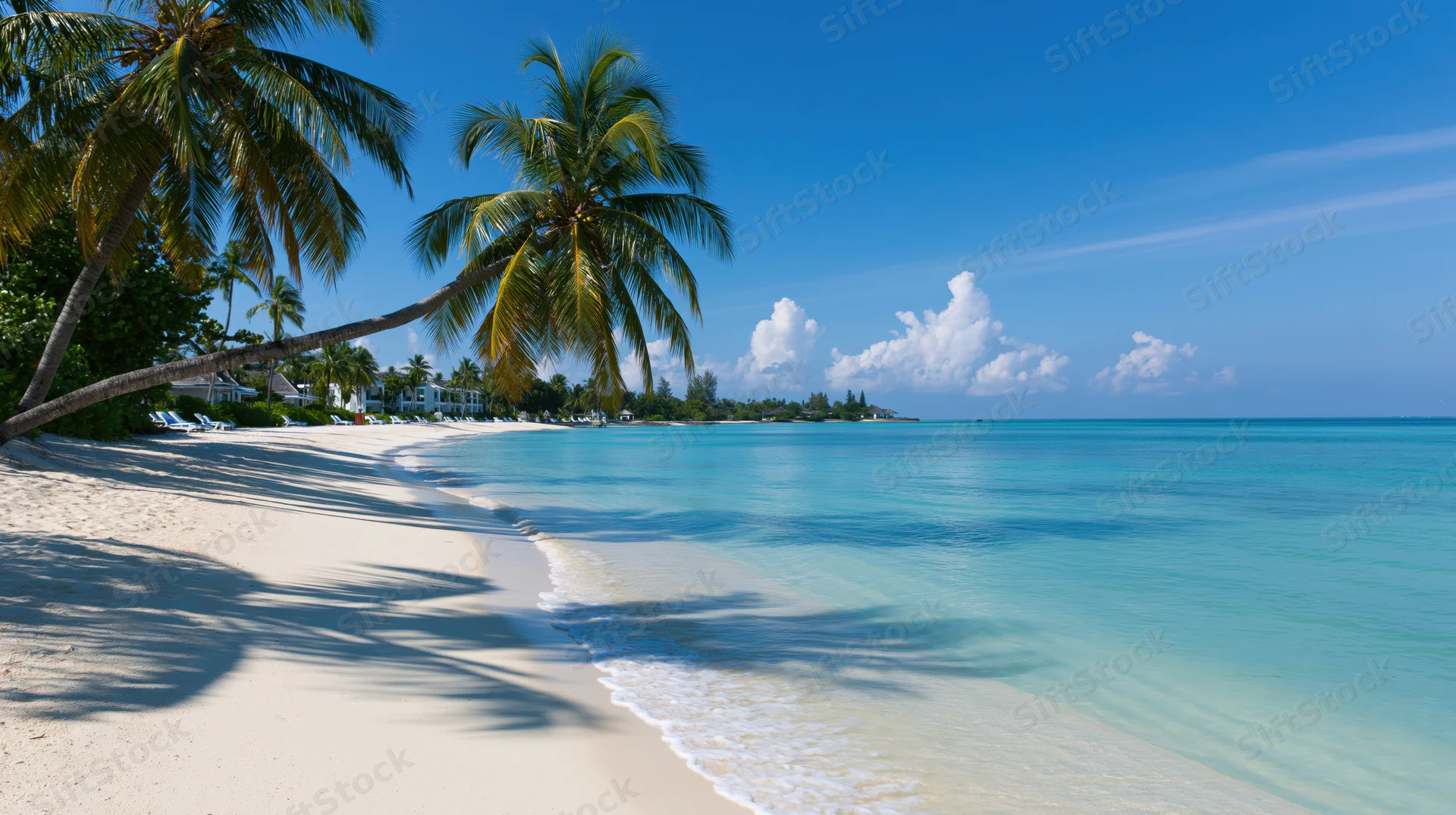 Tropical beach shoreline with calm turquoise shallow water and palm trees casting shadows on white sand under blue sky