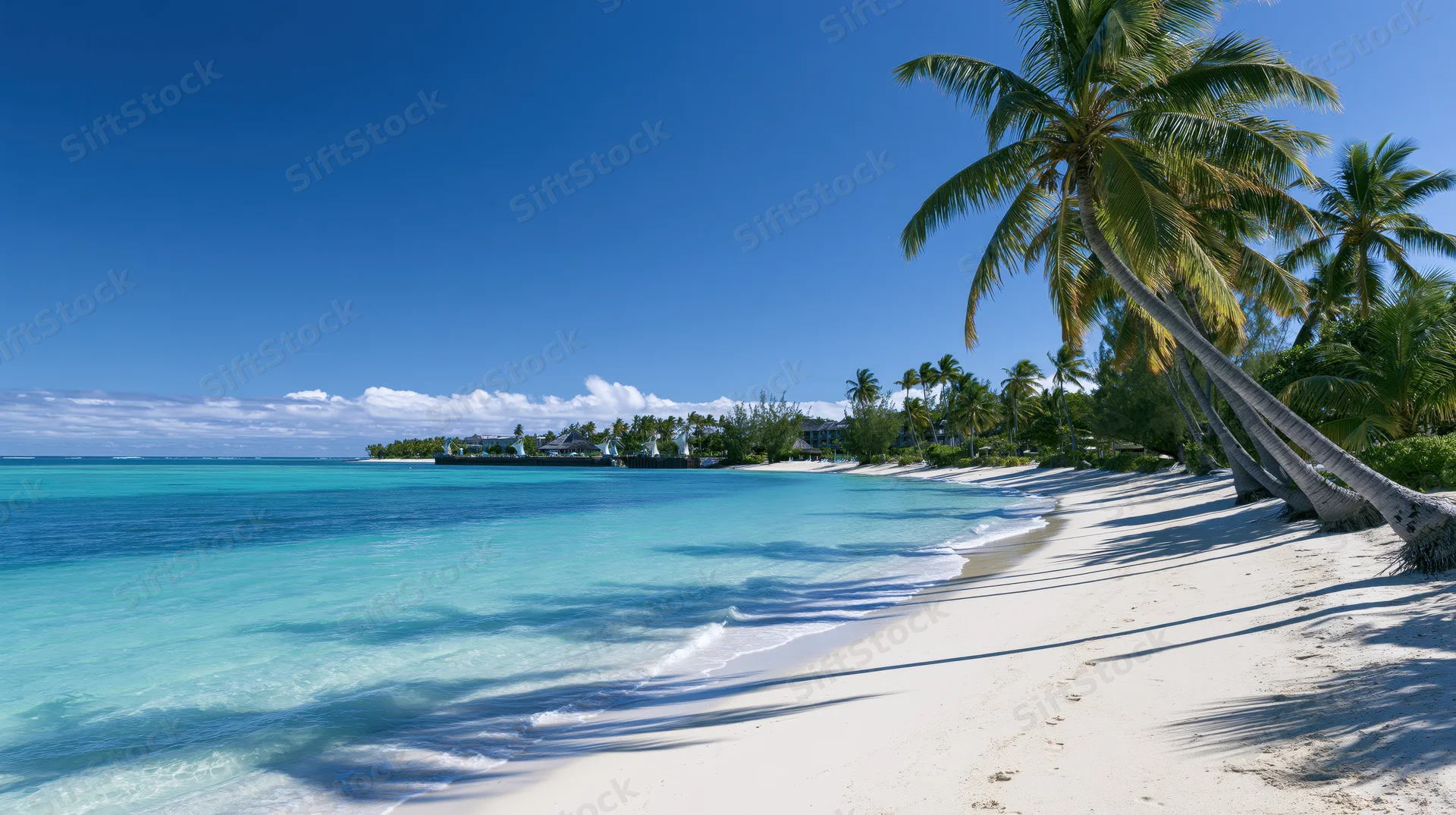 Tropical beach shoreline with calm turquoise shallow water and palm trees casting shadows on white sand under clear blue sky