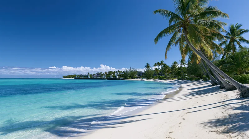 Tropical beach shoreline with calm turquoise shallow water and palm trees casting shadows on white sand under clear blue sky