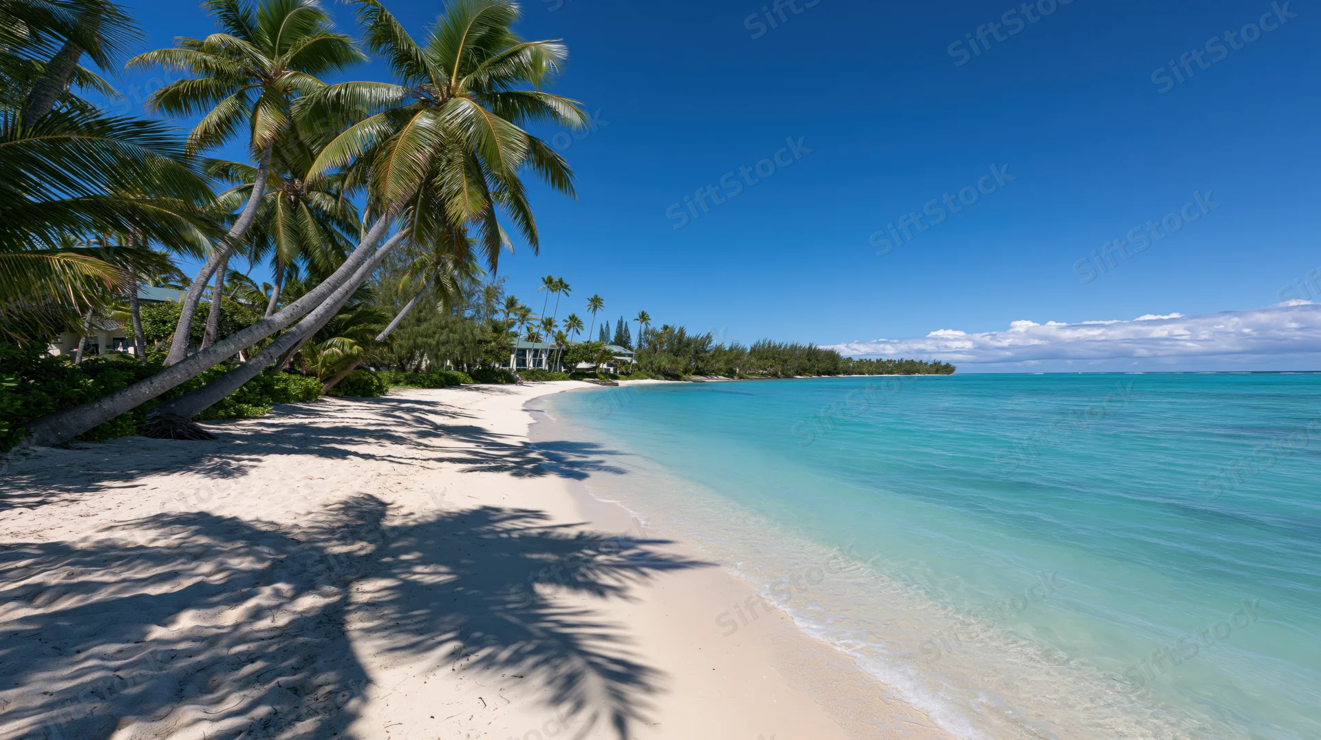 Tropical beach shoreline with calm turquoise shallow water and palm trees casting shadows on white sand