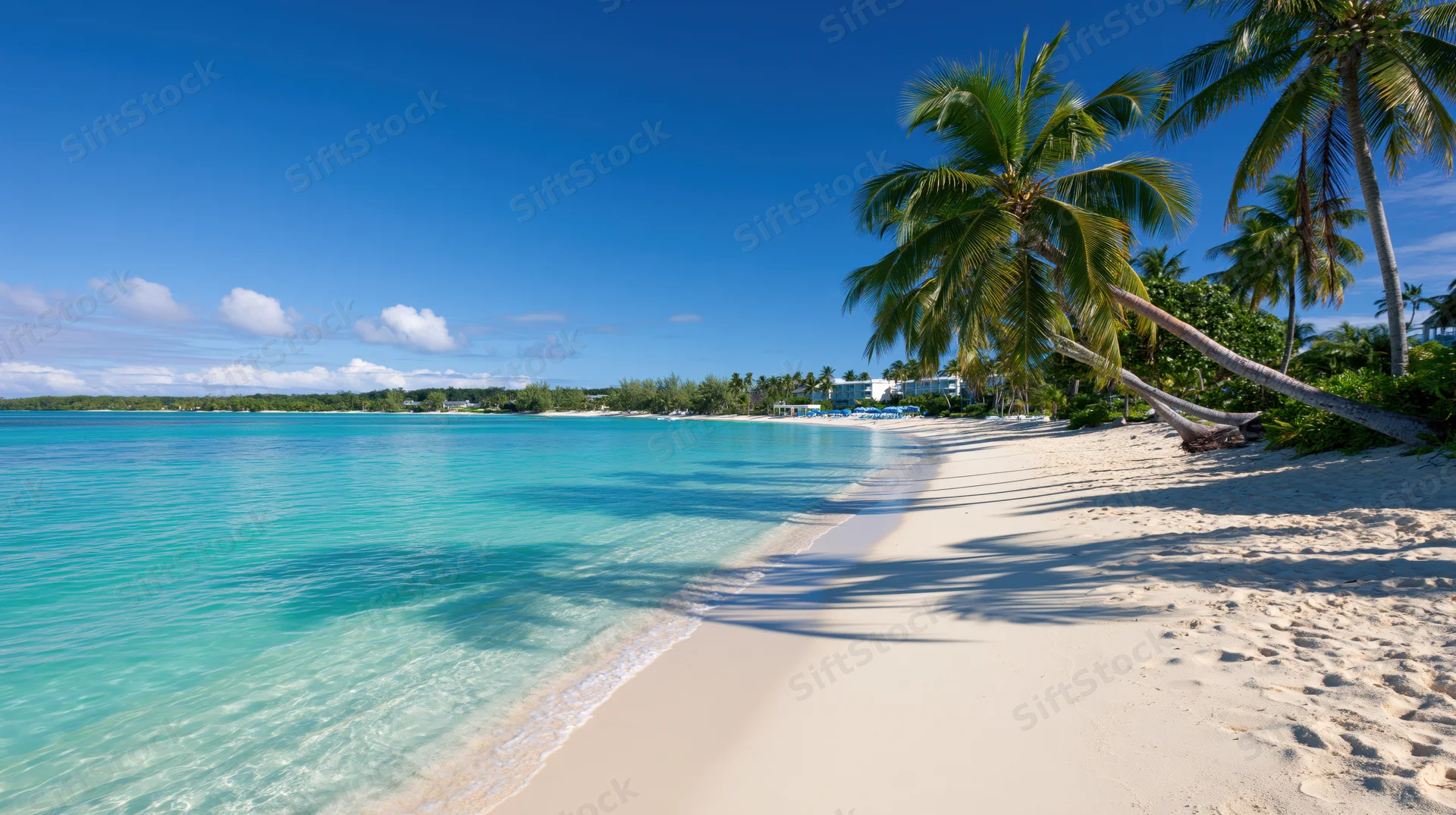 Tropical beach shoreline with calm turquoise shallow water and palm trees under clear blue sky