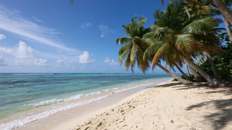 Tropical beach shoreline with coconut palms leaning over white sand and turquoise ocean under blue sky with clouds