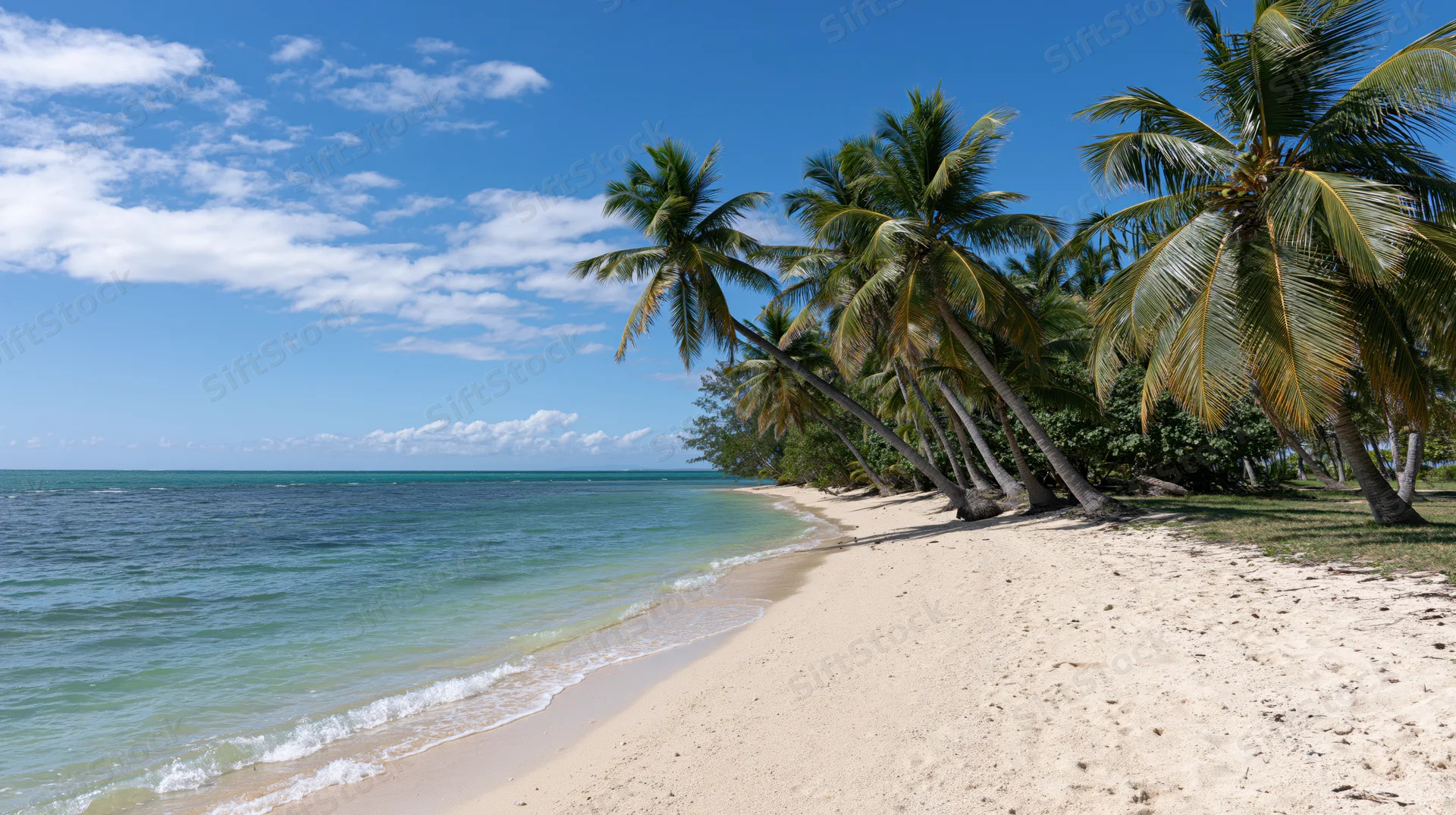 Tropical beach shoreline with coconut palms leaning over white sand beside turquoise ocean under blue sky