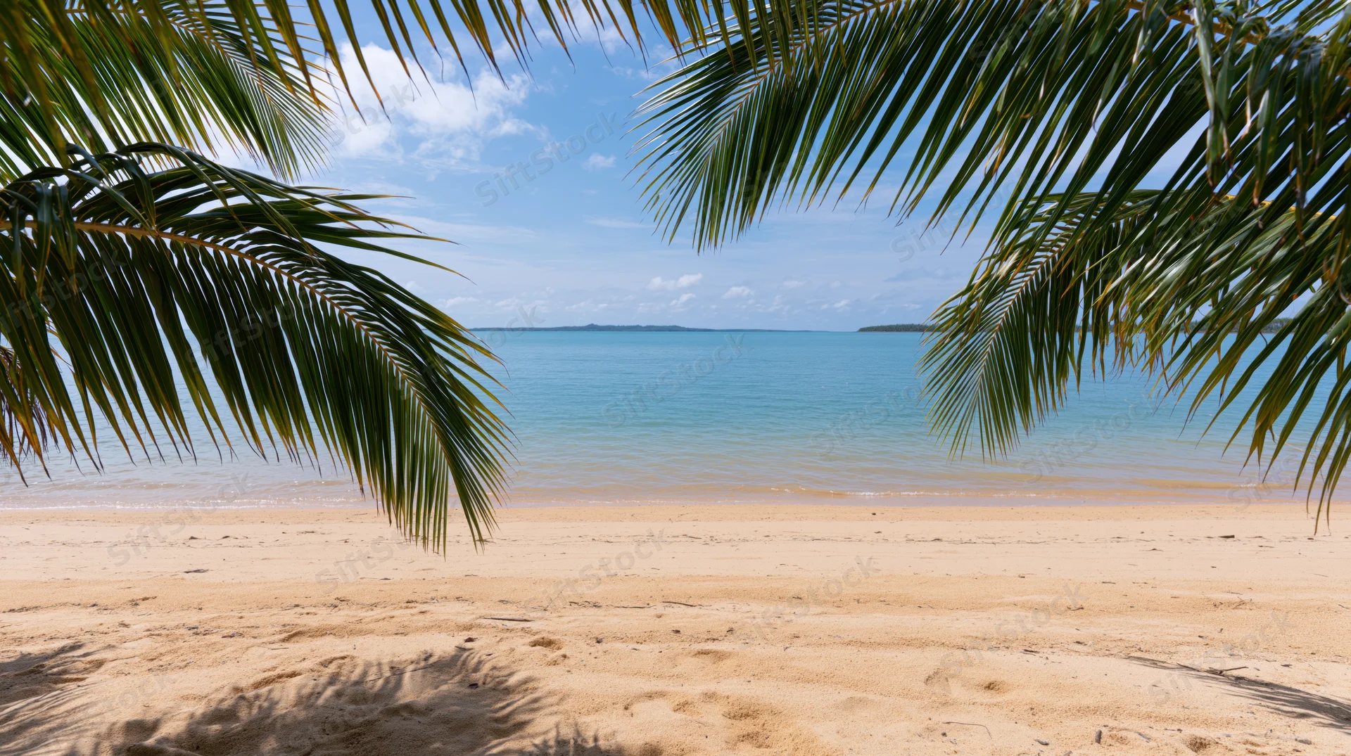 Tropical beach framed by palm fronds overlooking calm ocean and sandy shore