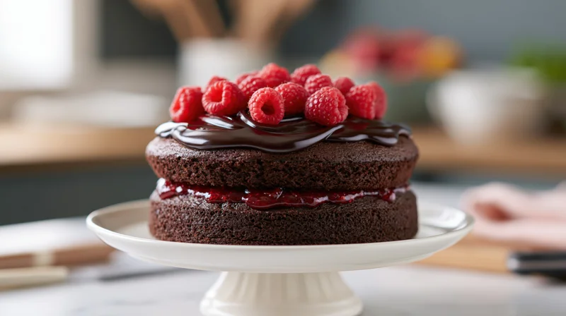 Two-layer chocolate cake with raspberry topping on a white ceramic cake stand in a kitchen setting