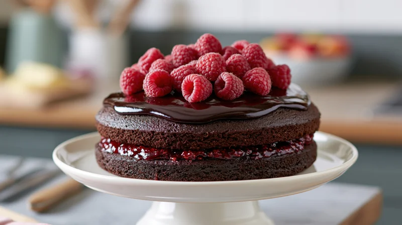 Two-layer chocolate cake with raspberry topping on a white ceramic cake stand in a kitchen setting