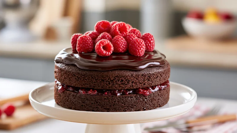Two-layer chocolate cake with raspberry topping on a white ceramic stand in a kitchen setting