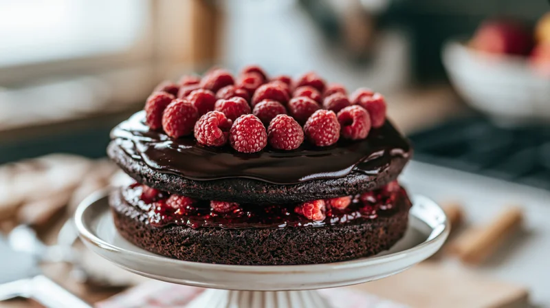 Two-layer chocolate cake with raspberry topping on a white ceramic cake stand in a kitchen setting