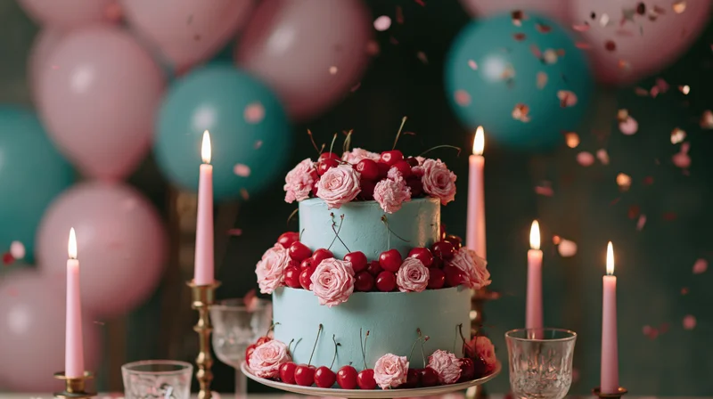 Two-tier pale blue birthday cake decorated with pink roses and cherries on a table with lit pink candles and balloons in the background