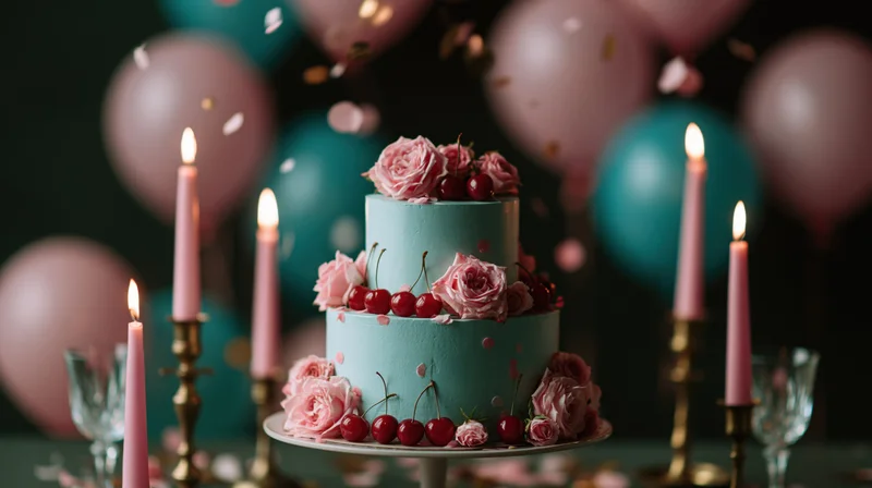 Two-tier pale blue birthday cake decorated with pink roses and cherries on a table with lit candles and balloons in the background
