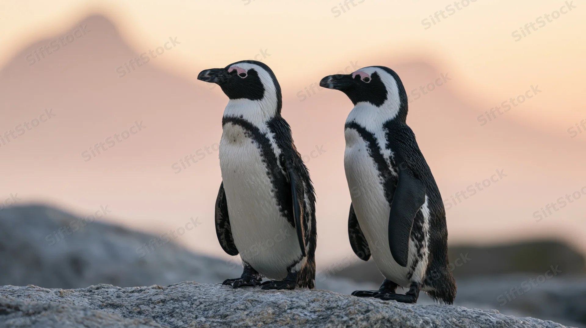 Two african penguins standing side by side on a rocky coastal shore at sunset