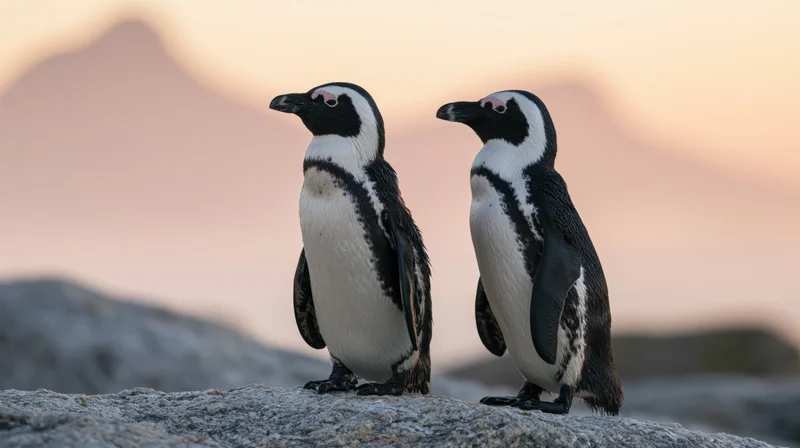 Two african penguins standing side by side on a rocky coastal shore at sunset