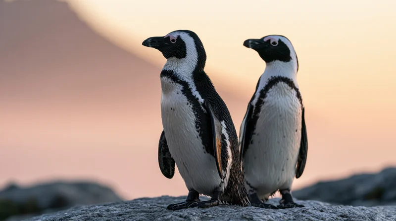 Two african penguins standing side by side on rocky shore at sunset