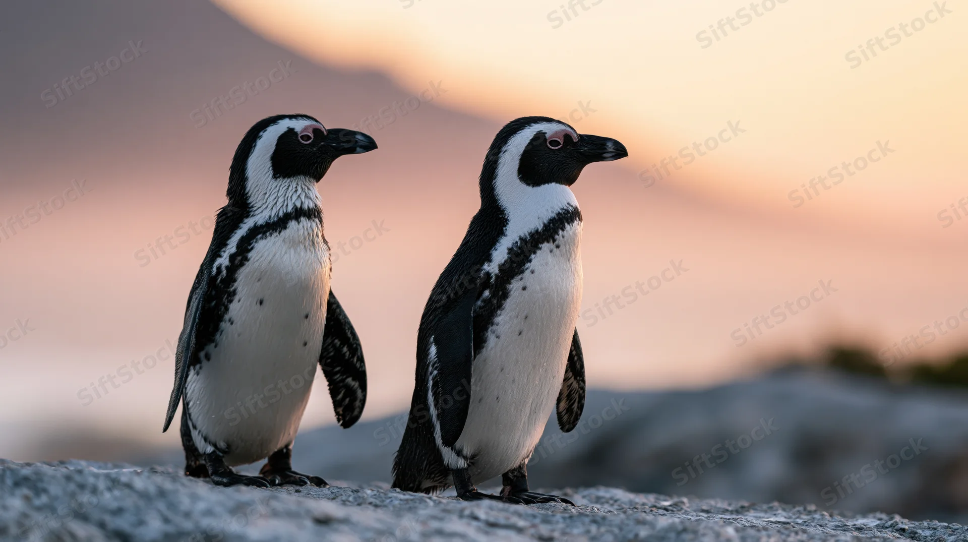Two african penguins standing side by side on rocky coastal shore at sunset
