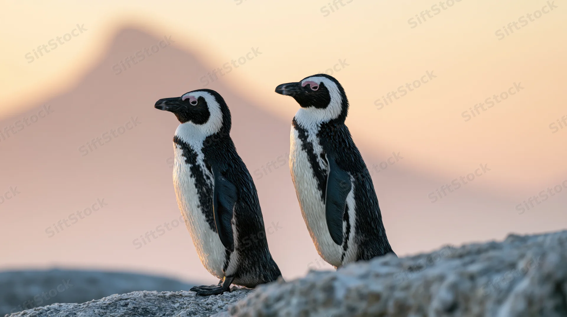 Two african penguins standing side by side on rocky coast at sunset