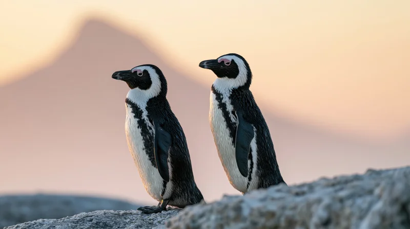Two african penguins standing side by side on rocky coast at sunset