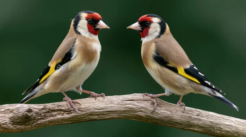 Two european goldfinches perched facing each other on a weathered branch