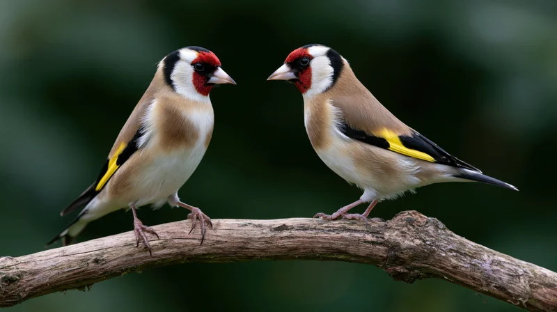 Two european goldfinches perched facing each other on a weathered branch