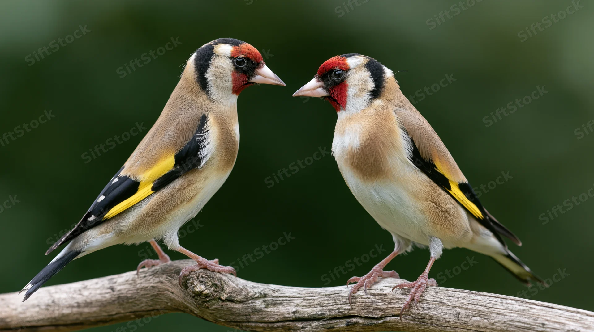 Two european goldfinches perched facing each other on a weathered woody branch