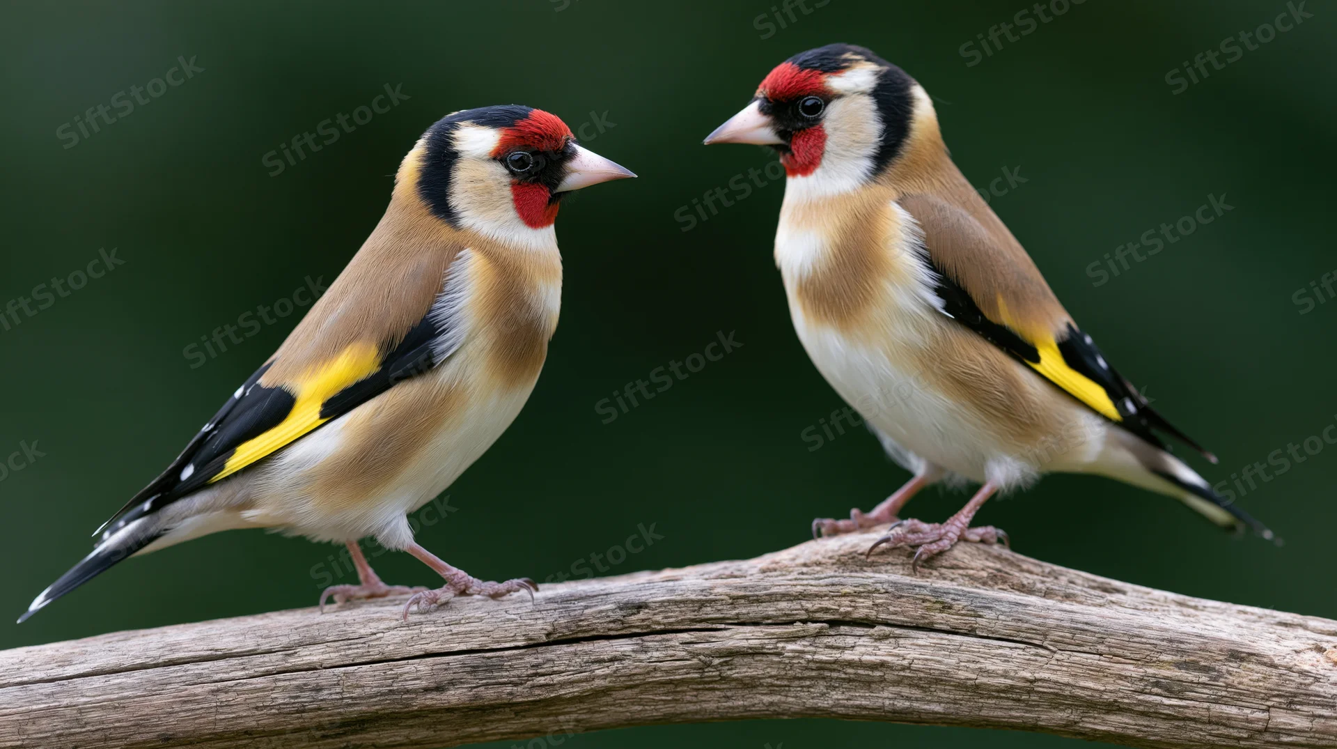 Two european goldfinches perched on a weathered woody branch
