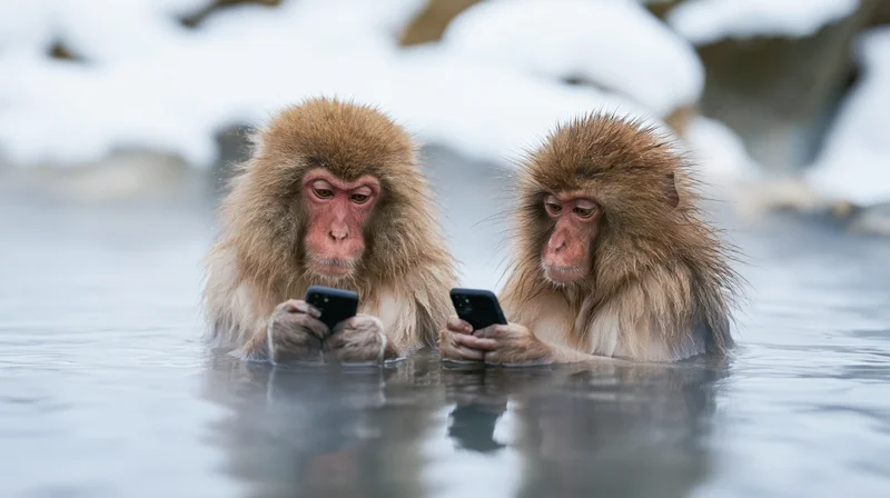 Two japanese macaques submerged in steaming hot spring water holding smartphones