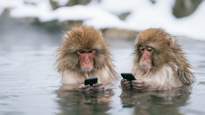 Two japanese macaques submerged in steaming hot spring water holding smartphones