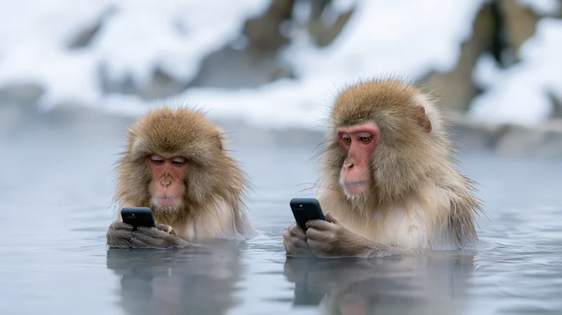 Two japanese macaques submerged in steaming hot spring water holding smartphones and looking at screens