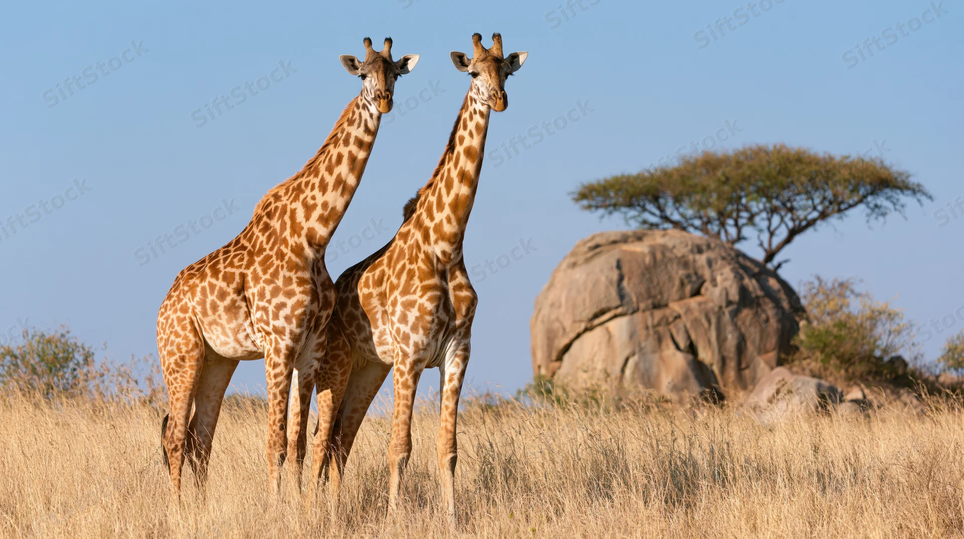 Two giraffes standing close together in a dry savanna with acacia trees and rocks under clear sky