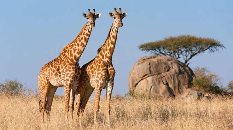 Two giraffes standing close together in a dry savanna with acacia trees and rocks under clear sky