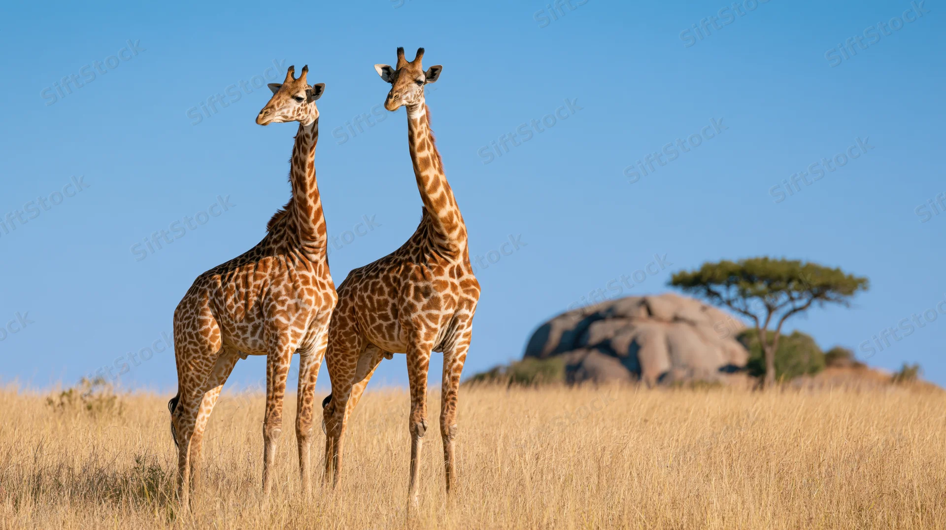 Two giraffes standing close together in open savanna under clear blue sky