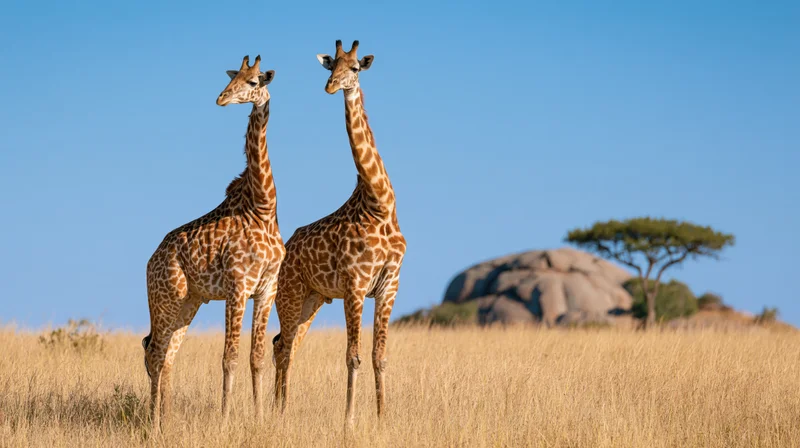 Two giraffes standing close together in open savanna under clear blue sky
