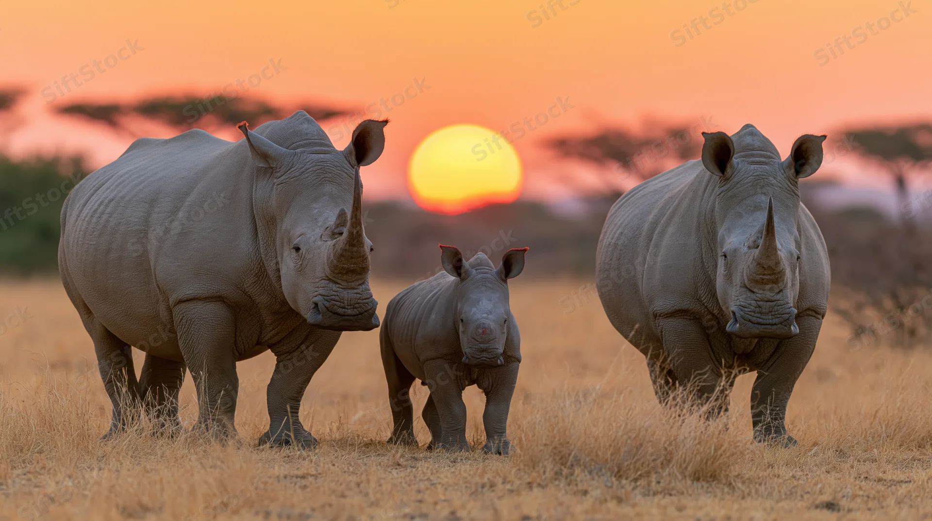 Two adult white rhinos and a calf standing together on a savanna at sunset