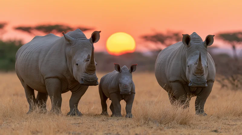 Two adult white rhinos and a calf standing together on a savanna at sunset