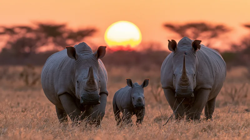 Two adult white rhinos and a calf standing together on a savanna at sunset