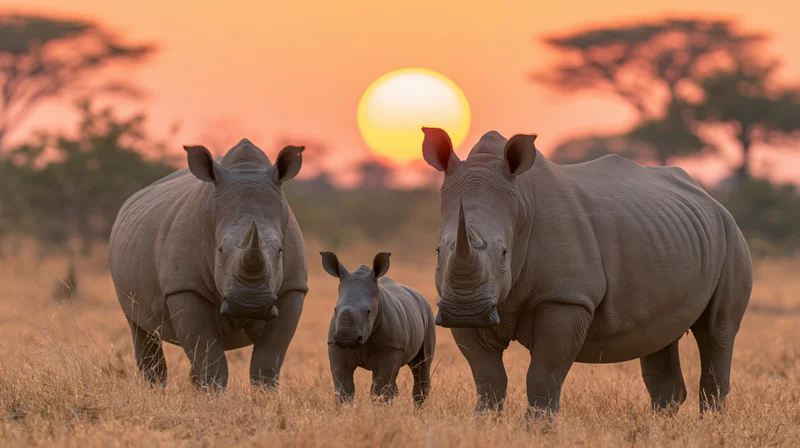 Two adult white rhinos and a calf standing together in a savanna at sunset