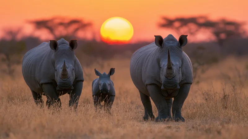 Two adult white rhinos and a calf standing together on a savanna at sunset
