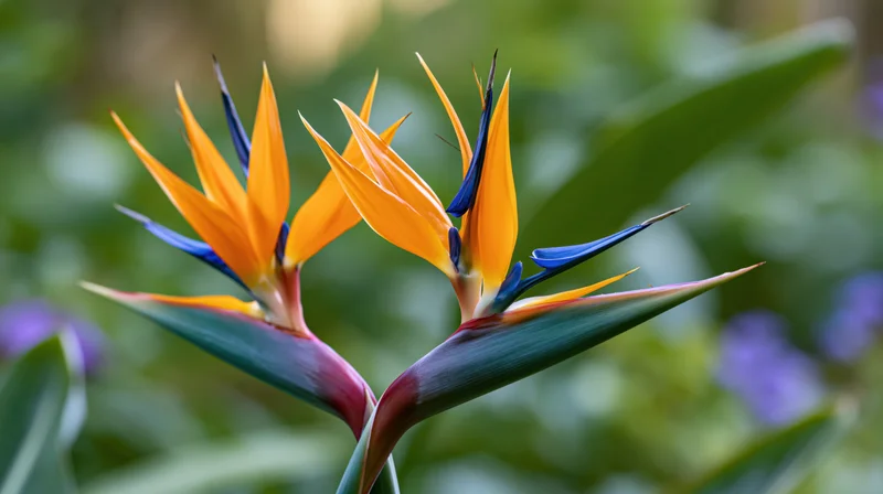 Two bird of paradise flowers in full bloom close-up macro shot