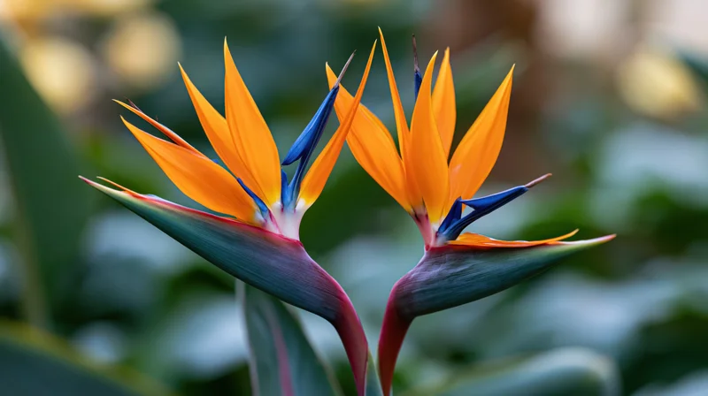 Two bird of paradise flowers in full bloom close-up with green foliage in background