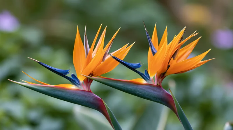 Two bird of paradise flowers in full bloom close up against green foliage