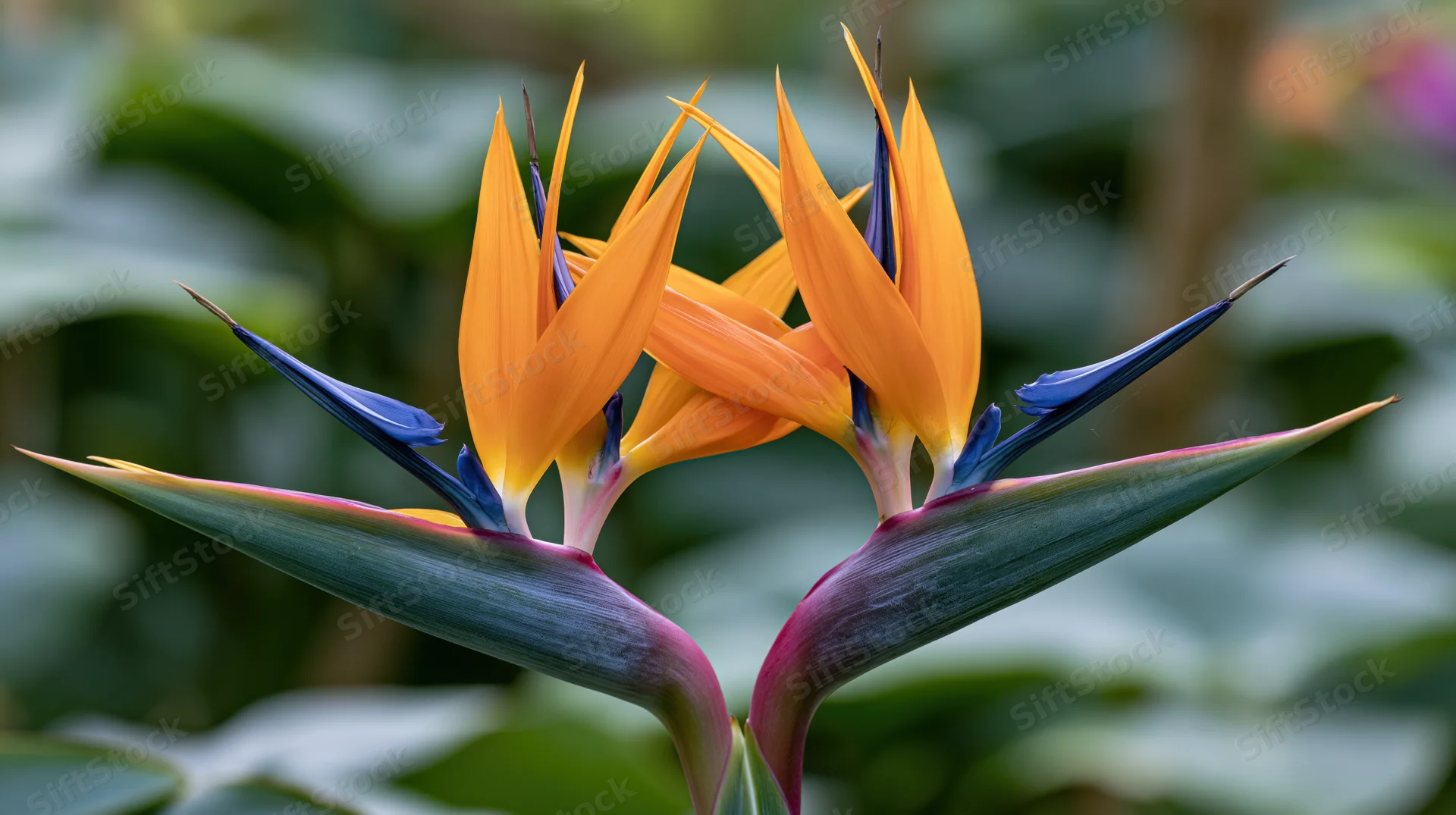 Two bird of paradise flowers in full bloom close-up macro shot in a garden setting