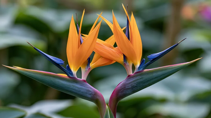 Two bird of paradise flowers in full bloom close-up macro shot in a garden setting