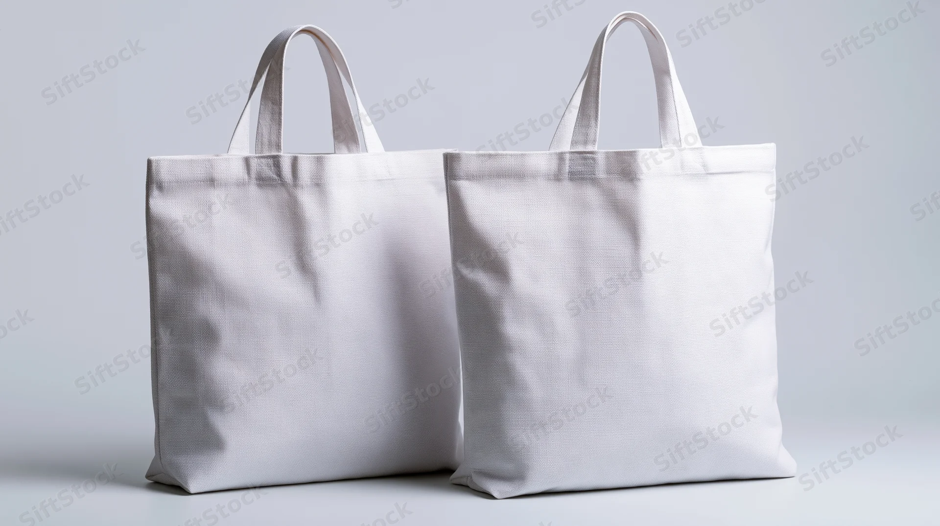 Two blank white canvas tote bags standing side by side on a plain surface