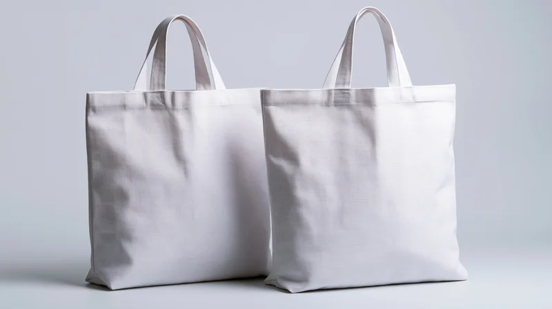 Two blank white canvas tote bags standing side by side on a plain surface